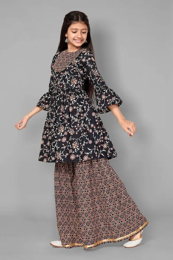 Navy_Floral_Cotton_Kurta_Sharara_Set_For_Girls