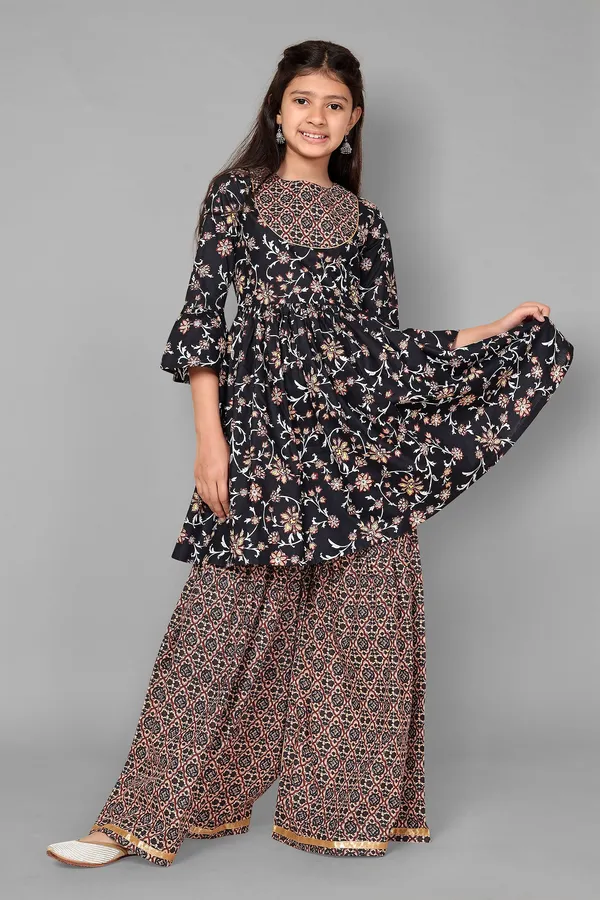 Navy_Floral_Cotton_Kurta_Sharara_Set_For_Girls