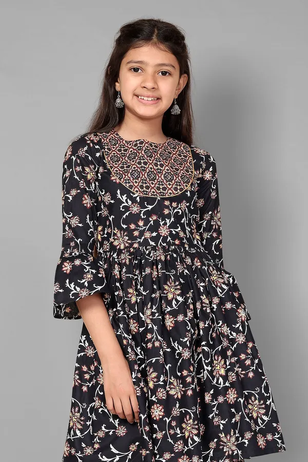 Navy_Floral_Cotton_Kurta_Sharara_Set_For_Girls