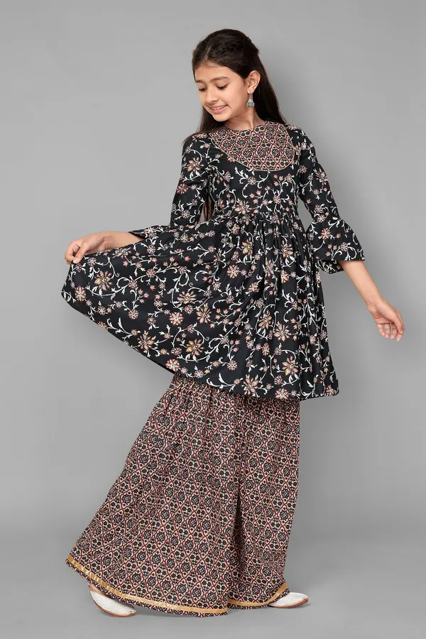Navy_Floral_Cotton_Kurta_Sharara_Set_For_Girls