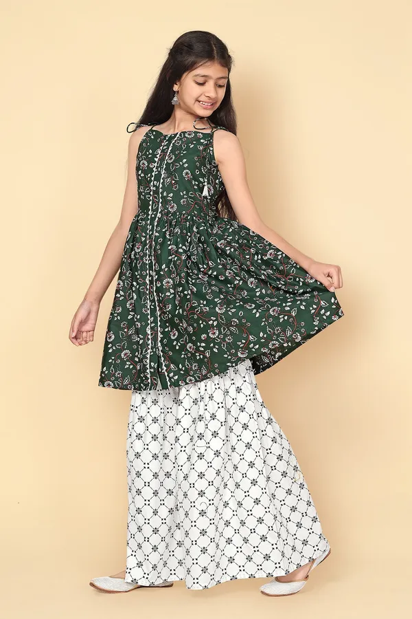 Dark_Green_Floral_Cotton_Kurta_Sharara_Set_For_Girls