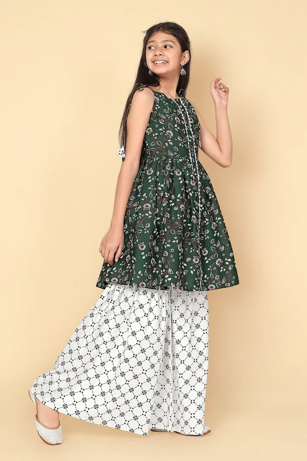 Dark_Green_Floral_Cotton_Kurta_Sharara_Set_For_Girls