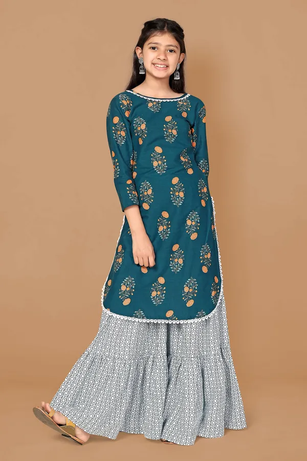 Blue_Floral_Printed_Cotton_Kurta_With_Sharara_Set_For_Girls