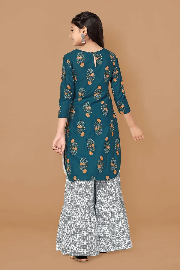 Blue_Floral_Printed_Cotton_Kurta_With_Sharara_Set_For_Girls