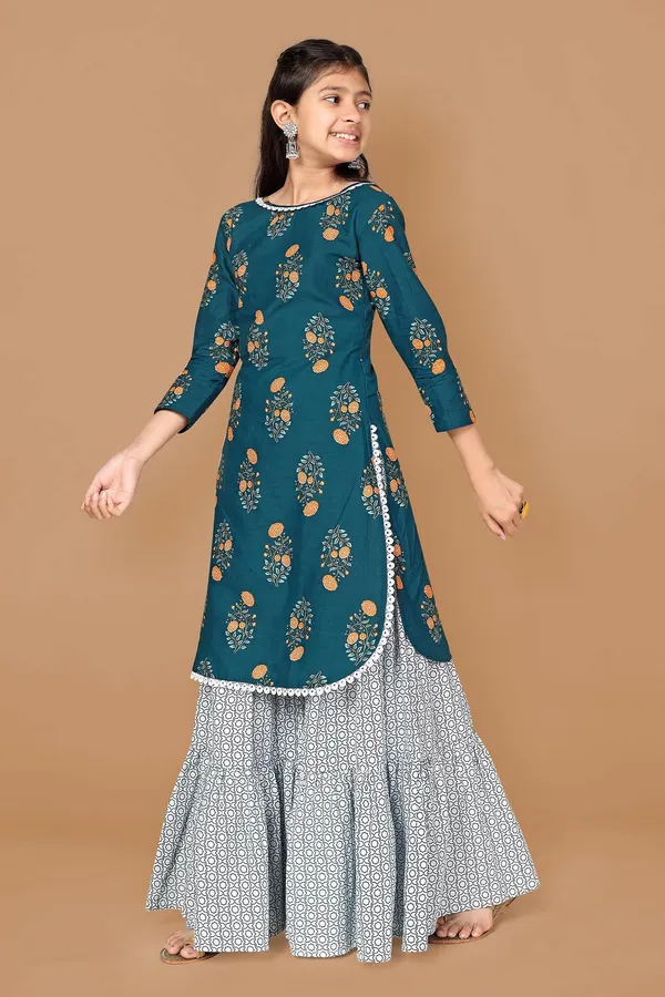 Blue_Floral_Printed_Cotton_Kurta_With_Sharara_Set_For_Girls