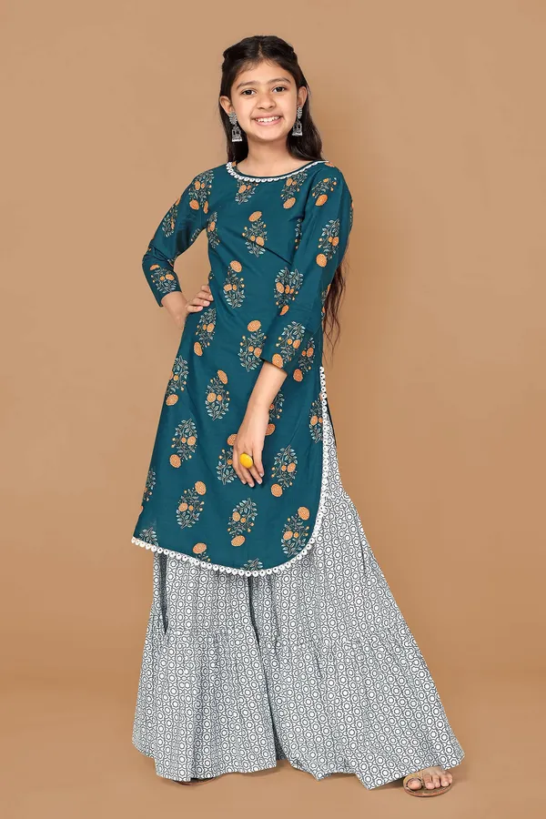 Blue_Floral_Printed_Cotton_Kurta_With_Sharara_Set_For_Girls