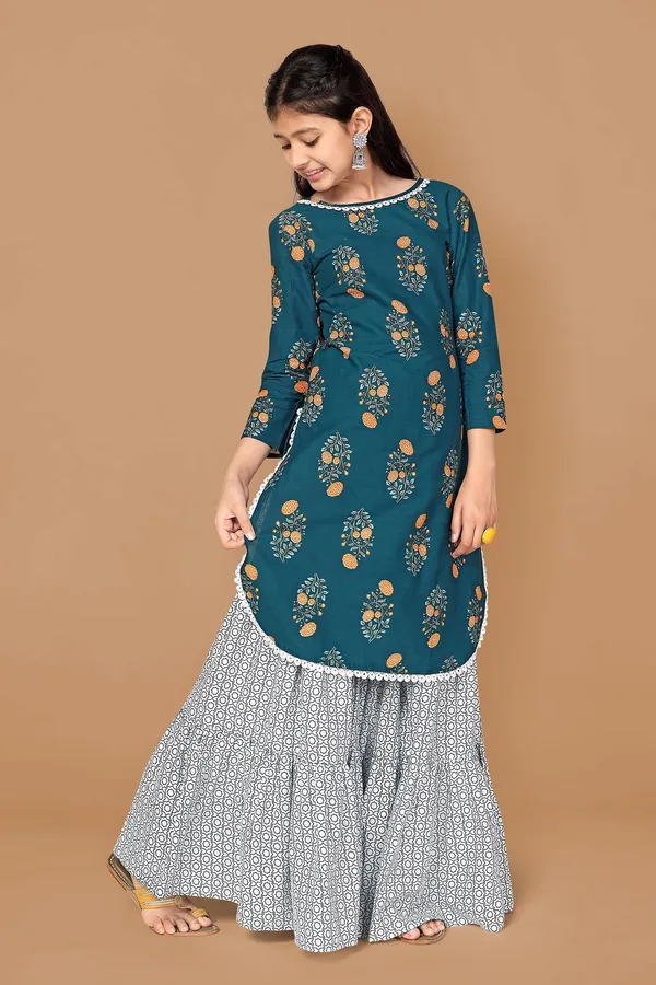 Blue_Floral_Printed_Cotton_Kurta_With_Sharara_Set_For_Girls