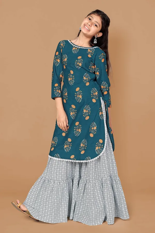 Blue_Floral_Printed_Cotton_Kurta_With_Sharara_Set_For_Girls