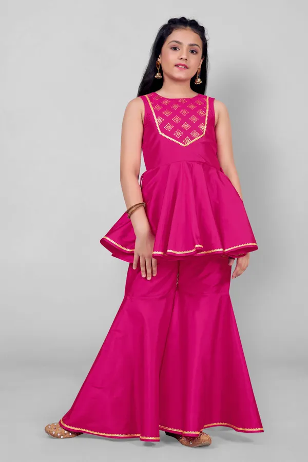 Pink_Taffeta_Foil_Pattern_Top_And_Solid_Sharara_Clothing_Set_For_Girls