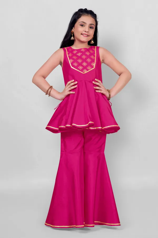 Pink_Taffeta_Foil_Pattern_Top_And_Solid_Sharara_Clothing_Set_For_Girls