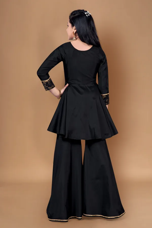 Black_Taffeta_Foil_Pattern_Top_And_Solid_Sharara_Clothing_Set_For_Girls