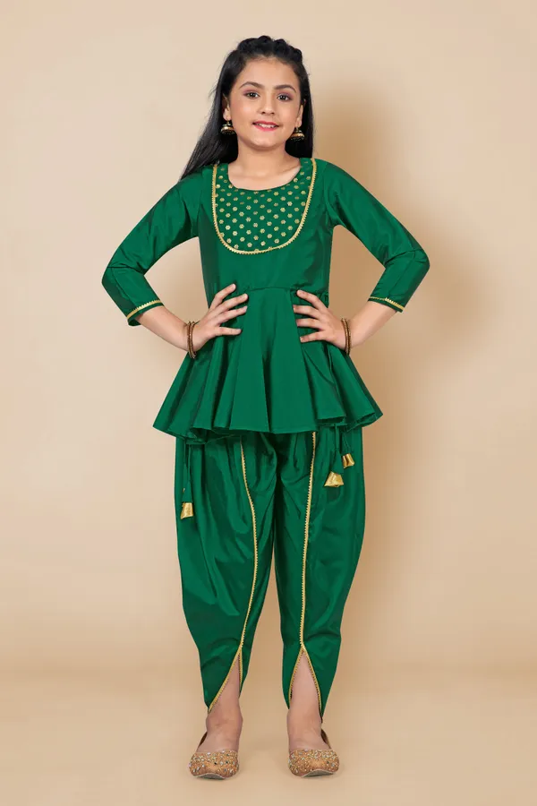 Green_Taffeta_Foil_Printed_Peplum_Kurta_With_Solid_Dhoti_Set_For_Girls