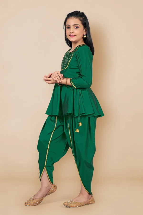 Green_Taffeta_Foil_Printed_Peplum_Kurta_With_Solid_Dhoti_Set_For_Girls