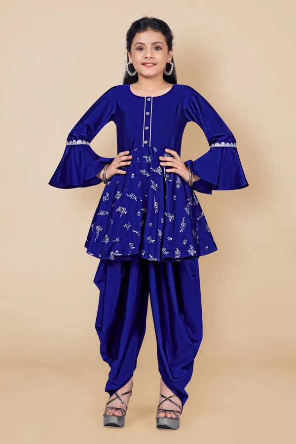 Blue_Taffeta_Foil_Printed_Peplum_Kurta_With_Solid_Dhoti_Set_For_Girls