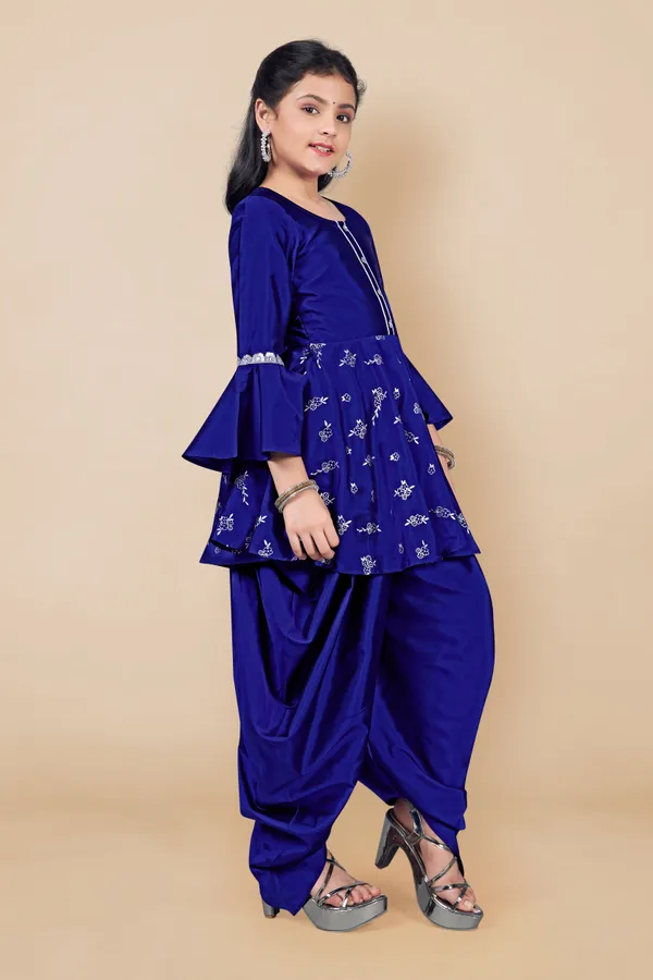 Blue_Taffeta_Foil_Printed_Peplum_Kurta_With_Solid_Dhoti_Set_For_Girls