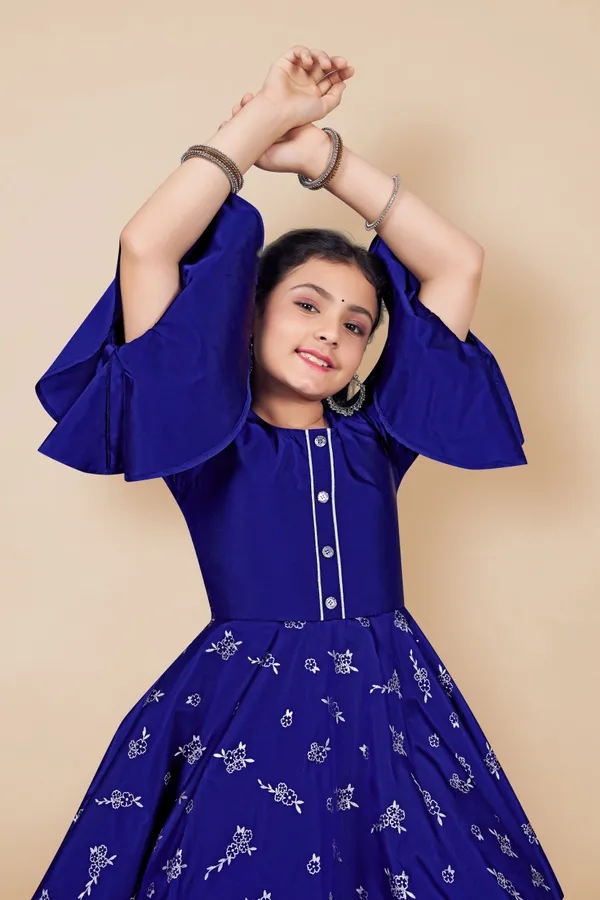Blue_Taffeta_Foil_Printed_Peplum_Kurta_With_Solid_Dhoti_Set_For_Girls