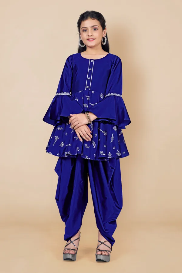 Blue_Taffeta_Foil_Printed_Peplum_Kurta_With_Solid_Dhoti_Set_For_Girls