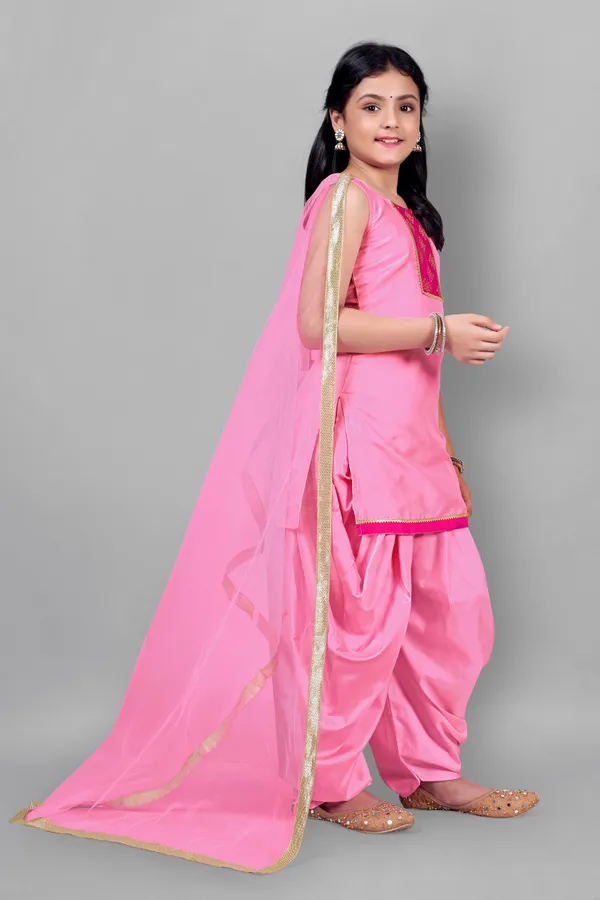 Pink_Taffeta_Solid_Pattern_Kurta_Dhoti_And_Dupatta_Set_For_Girls