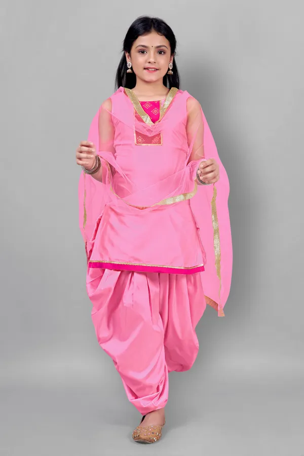 Pink_Taffeta_Solid_Pattern_Kurta_Dhoti_And_Dupatta_Set_For_Girls