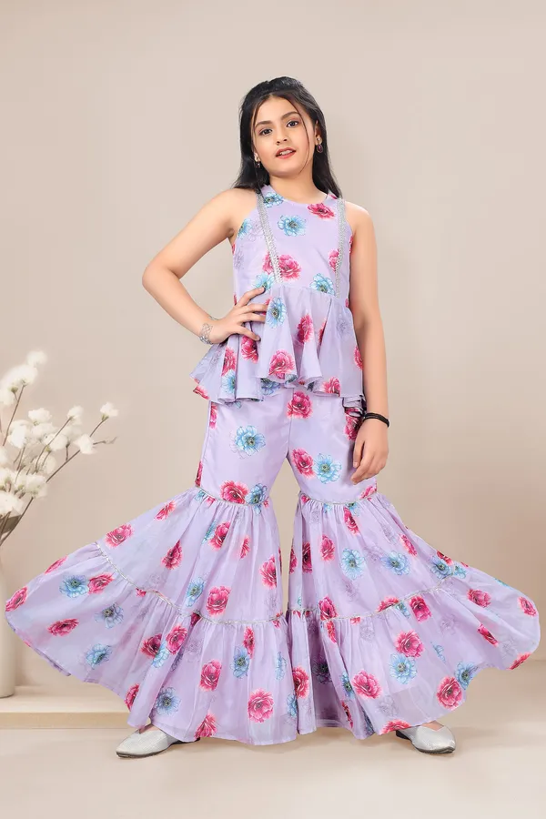 Lavender_Cotton_Silk_Floral_Printed_Ankle_Length_A-Line_Kurta_With_Sharara_Set_For_Girls