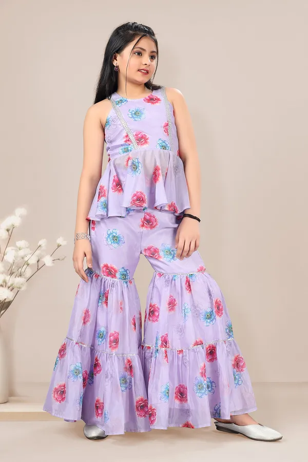 Lavender_Cotton_Silk_Floral_Printed_Ankle_Length_A-Line_Kurta_With_Sharara_Set_For_Girls