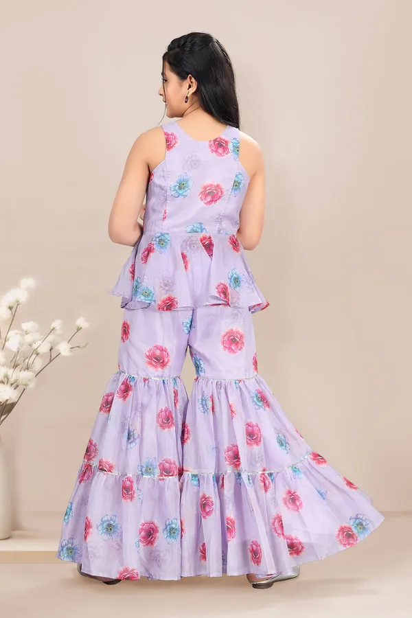 Lavender_Cotton_Silk_Floral_Printed_Ankle_Length_A-Line_Kurta_With_Sharara_Set_For_Girls