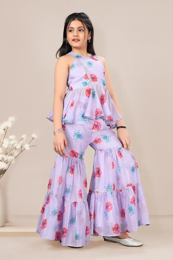 Lavender_Cotton_Silk_Floral_Printed_Ankle_Length_A-Line_Kurta_With_Sharara_Set_For_Girls
