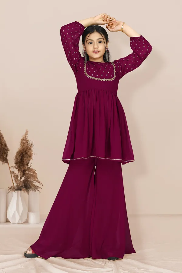 Wine_Georgette_Foil_Printed_Kurta_And_Sharara_Set_For_Girls