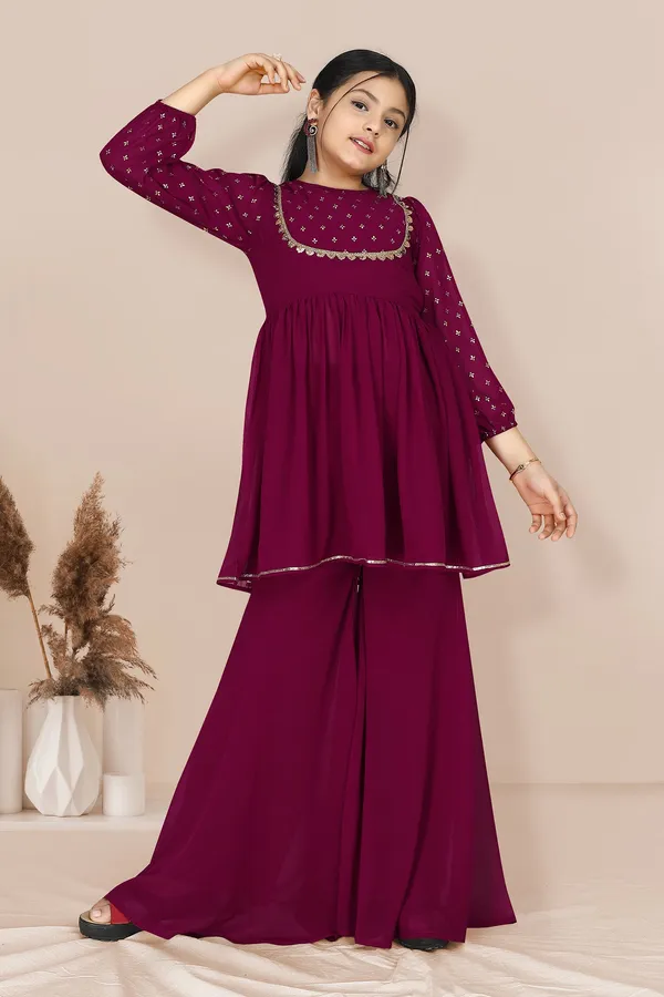Wine_Georgette_Foil_Printed_Kurta_And_Sharara_Set_For_Girls