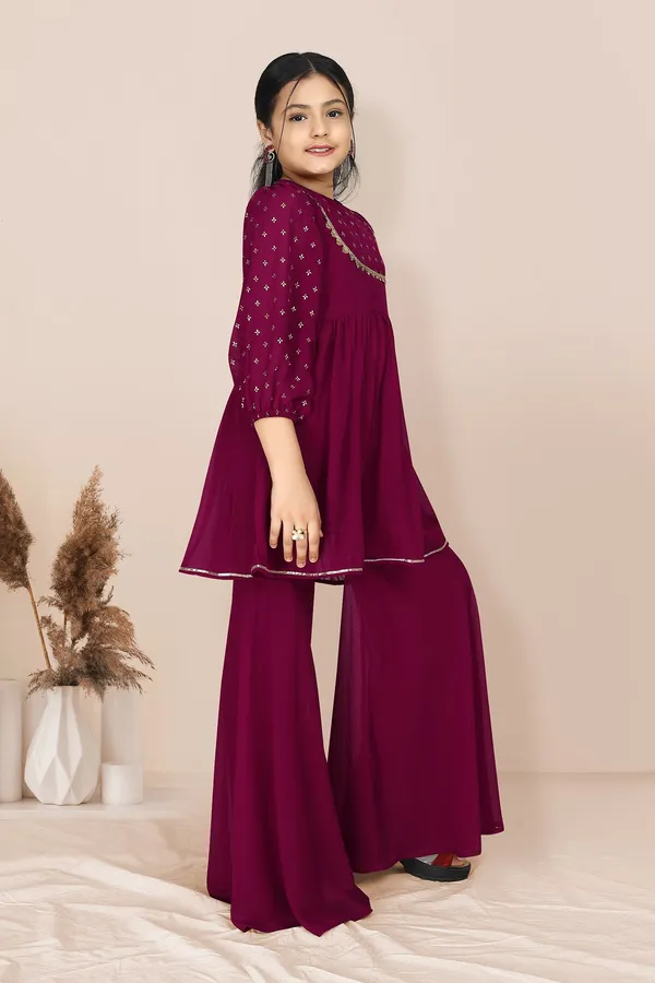 Wine_Georgette_Foil_Printed_Kurta_And_Sharara_Set_For_Girls