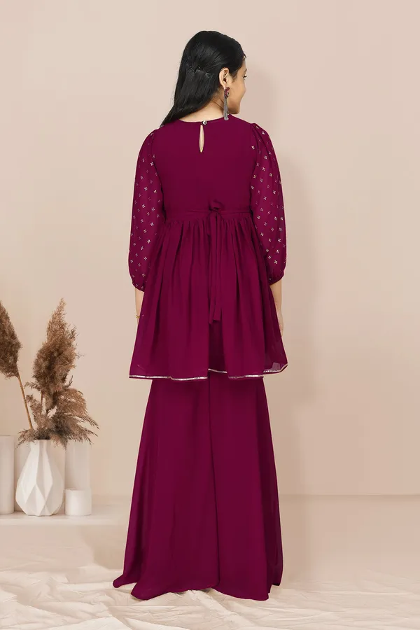 Wine_Georgette_Foil_Printed_Kurta_And_Sharara_Set_For_Girls