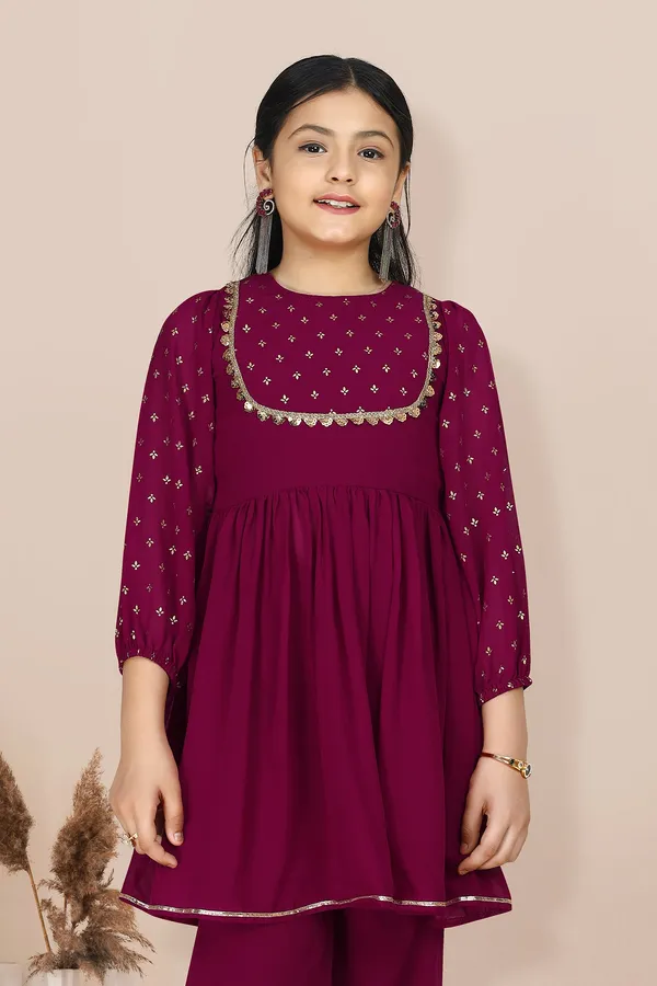 Wine_Georgette_Foil_Printed_Kurta_And_Sharara_Set_For_Girls
