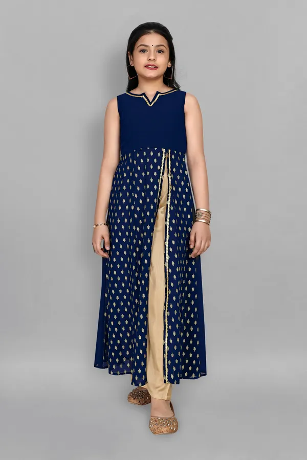 Navy_Blue_Georgette_High_Slit_Kurta_And_Pant_Set_For_Girls