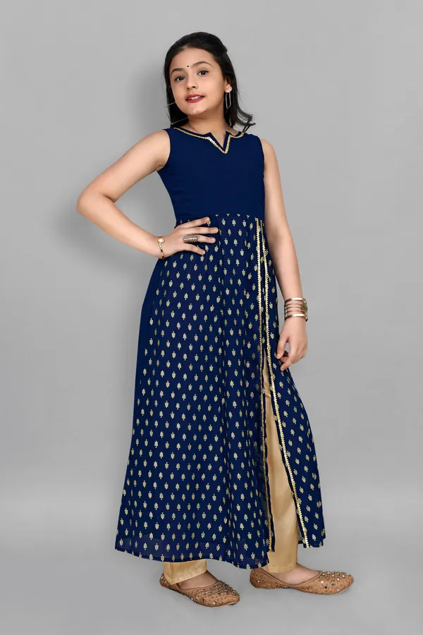 Navy_Blue_Georgette_High_Slit_Kurta_And_Pant_Set_For_Girls