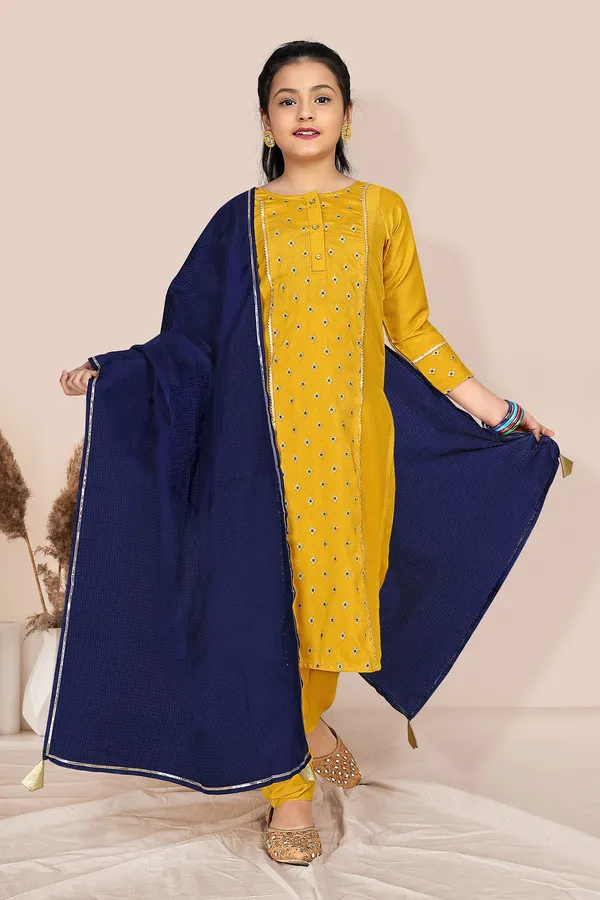 Mustared_Yellow_Chinnon_Foil_Printed_Readymade_Kurti_Pant_And_Dupatta_Set_For_Girls