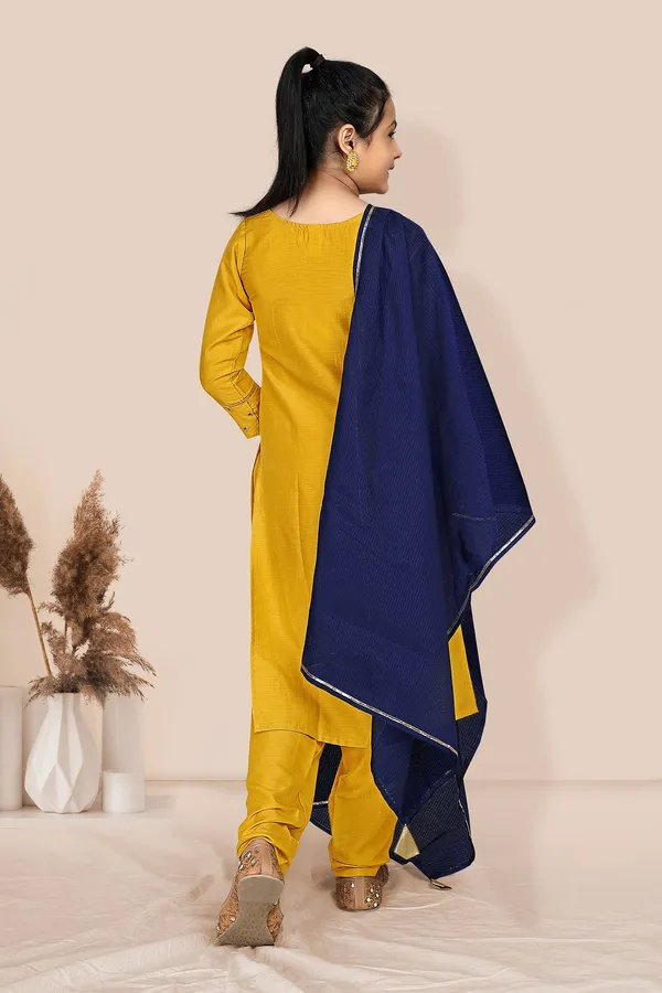 Mustared_Yellow_Chinnon_Foil_Printed_Readymade_Kurti_Pant_And_Dupatta_Set_For_Girls