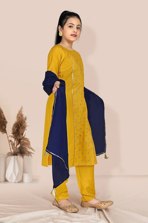 Mustared_Yellow_Chinnon_Foil_Printed_Readymade_Kurti_Pant_And_Dupatta_Set_For_Girls
