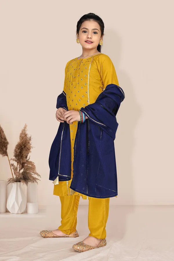 Mustared_Yellow_Chinnon_Foil_Printed_Readymade_Kurti_Pant_And_Dupatta_Set_For_Girls