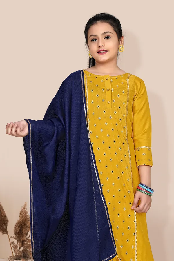 Mustared_Yellow_Chinnon_Foil_Printed_Readymade_Kurti_Pant_And_Dupatta_Set_For_Girls