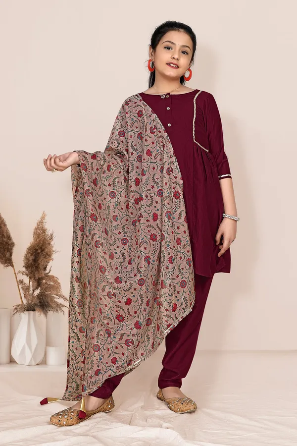 Wine_Chinnon_Solid_Kurta_Pant_And_Dupatta_Set