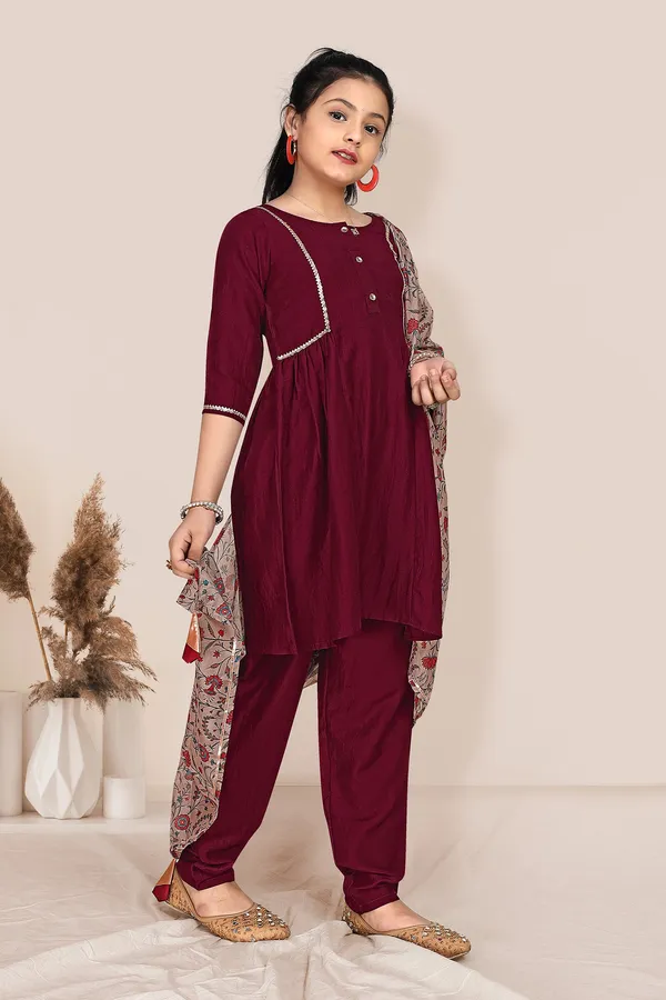 Wine_Chinnon_Solid_Kurta_Pant_And_Dupatta_Set