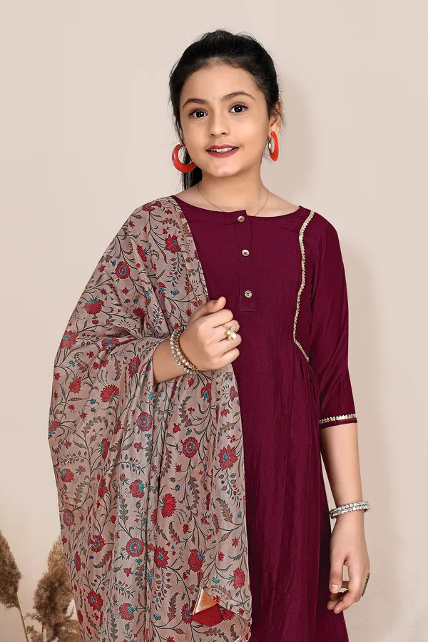 Wine_Chinnon_Solid_Kurta_Pant_And_Dupatta_Set