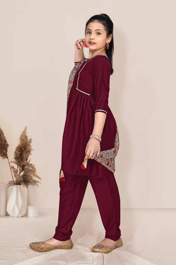 Wine_Chinnon_Solid_Kurta_Pant_And_Dupatta_Set