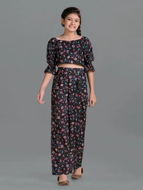 Black_Ethnic_Wear_Polyester_Blend_Printed_Crop_Top_With_Pant_Set_For_Girls
