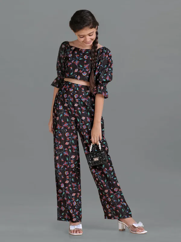 Black_Ethnic_Wear_Polyester_Blend_Printed_Crop_Top_With_Pant_Set_For_Girls