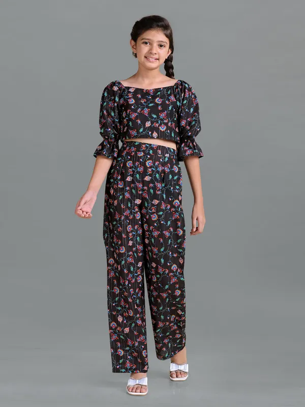 Black_Ethnic_Wear_Polyester_Blend_Printed_Crop_Top_With_Pant_Set_For_Girls