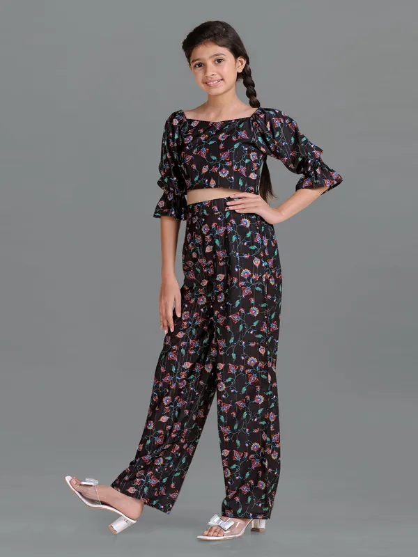 Black_Ethnic_Wear_Polyester_Blend_Printed_Crop_Top_With_Pant_Set_For_Girls
