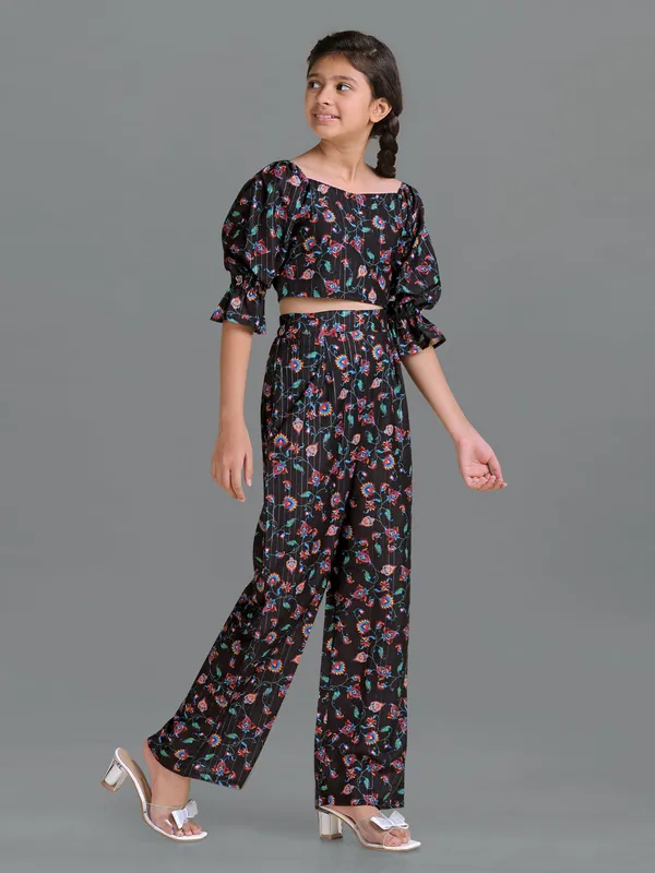 Black_Ethnic_Wear_Polyester_Blend_Printed_Crop_Top_With_Pant_Set_For_Girls