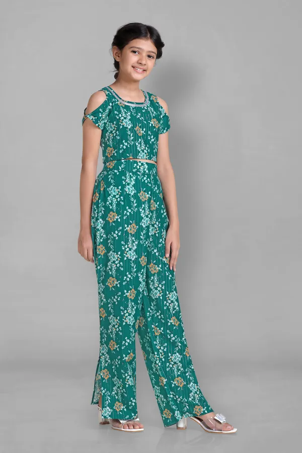 Green_Ethnic_Wear_Polyester_Blend_Fabric_Casual_Crop_Top_With_Pant_Set_For_Girls