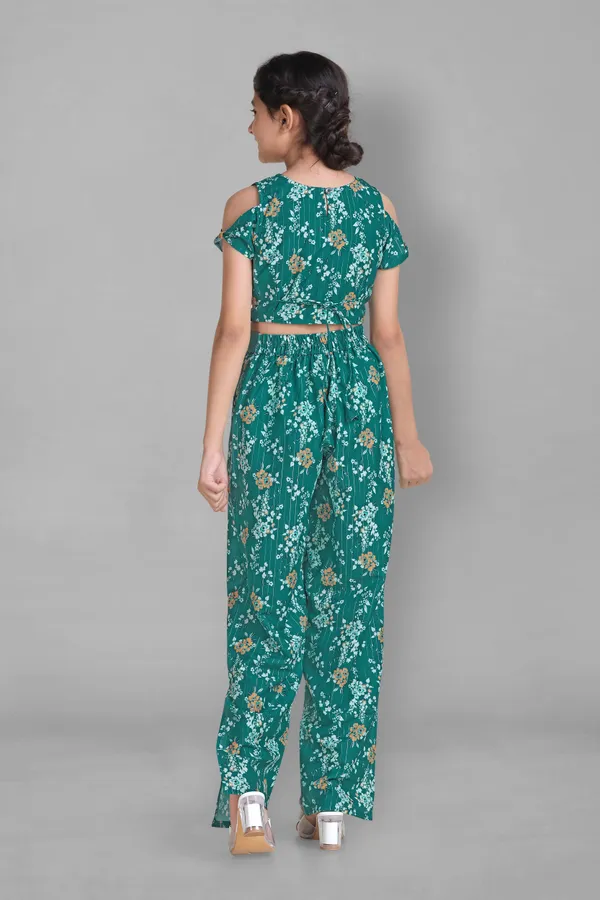 Green_Ethnic_Wear_Polyester_Blend_Fabric_Casual_Crop_Top_With_Pant_Set_For_Girls